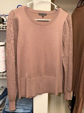 Adrianna Papell Taupe Lace-Sleeve Crewneck Sweater